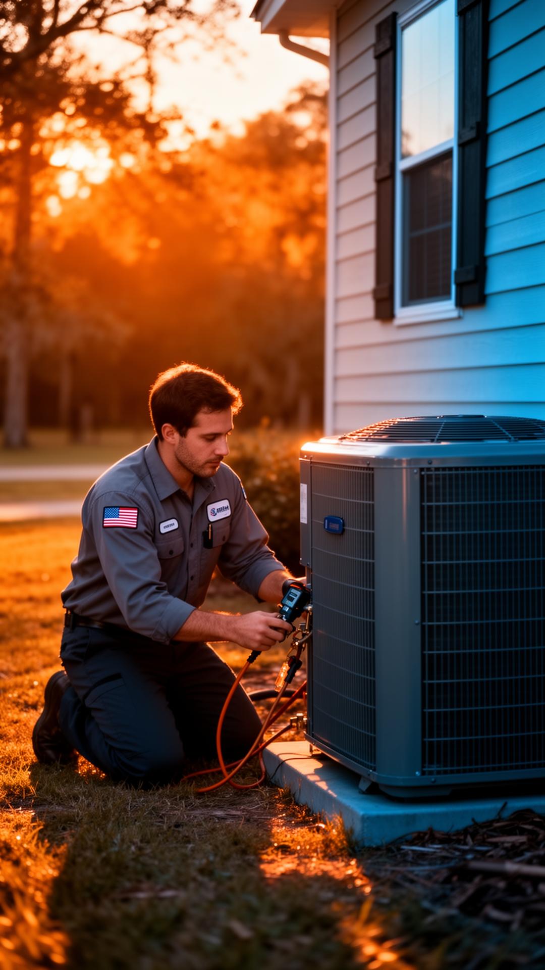 Southern Precision technician servicing an AC unit at sunset